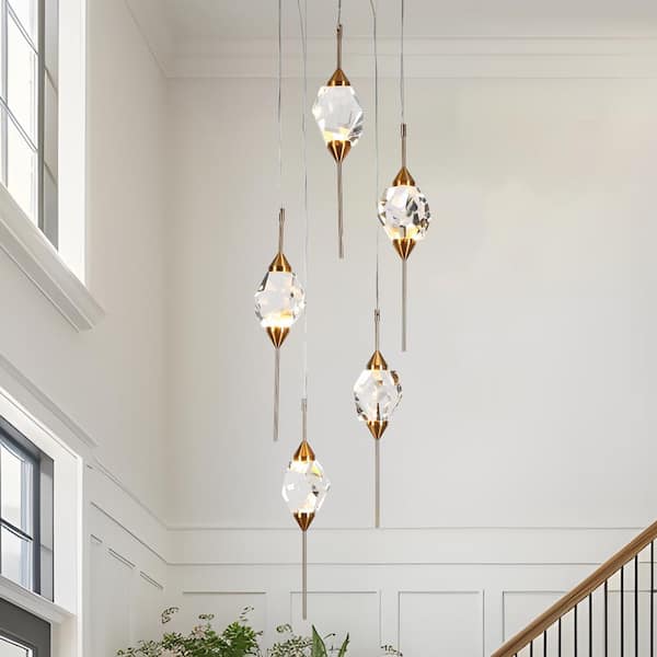 Lucivagus 5-Light Dimmable Integrated LED Plating Brass Crystal Chandelier for Dining Room