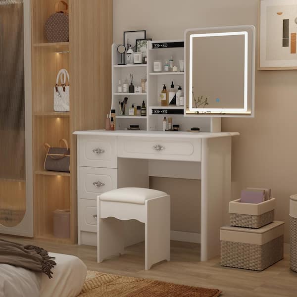 FUFU&GAGA 4-Drawers White Dresser With Push-Pull Mirror, Color
