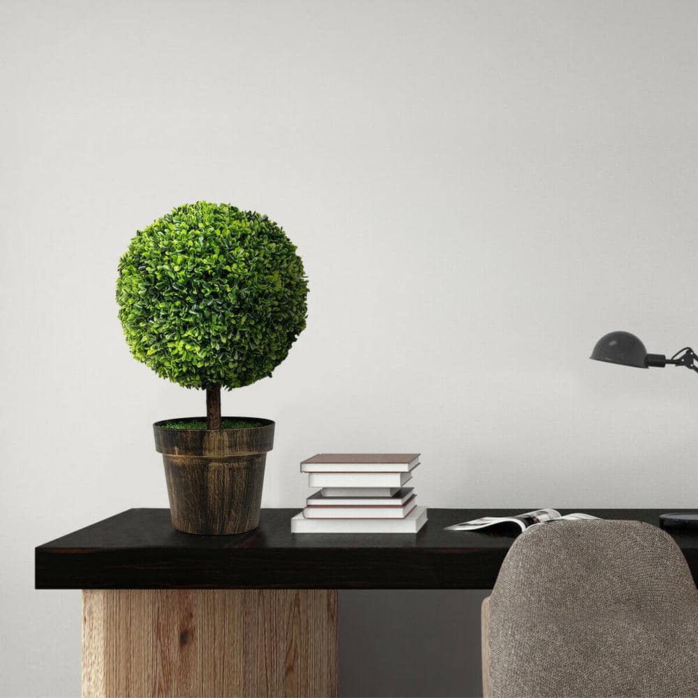 22" Green Artificial Boxwood Topiary Trees in Bronze Cement Pots, Set of 2