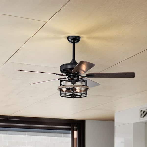 LINJO 52 in. Farmhouse Indoor Black Reversible Blades 3-Speeds Ceiling Fan with Remote, Light Fixture, Bulbs Not Included