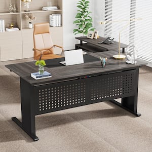 Halseey 63 in. L-Shaped Black Gray Wood 2-Drawer Computer Desk for Home Office, Executive Desk with File Cabinet