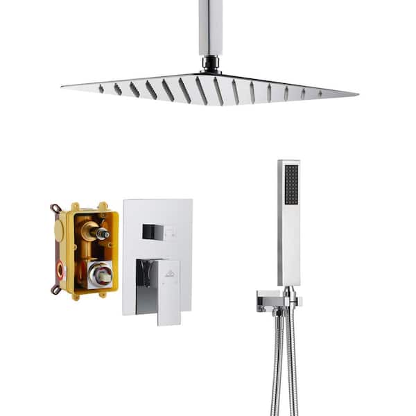 CASAINC 1-Spray Patterns with 10 in. Ceiling Mount Dual Shower Heads with Hand Shower Faucet, in Chrome (Valve Included)