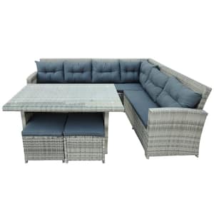 6-Piece Wicker Patio Conversation Sectional Seating Set with Gray Cushions 2 Ottomans and Glass Table