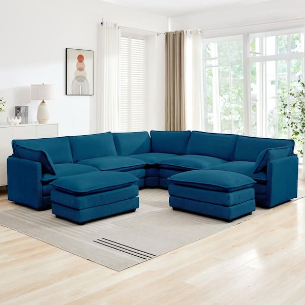 JEAREY 113.4 in. W 7-Piece Modern Fabric Sectional Sofa with Ottoman in. Navy