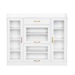 47.20 in. W x 14.10 in. D x 40.50 in. H White Linen Cabinet Freestanding Shoe Rack with 4-Glass Doors and 3-Hooks
