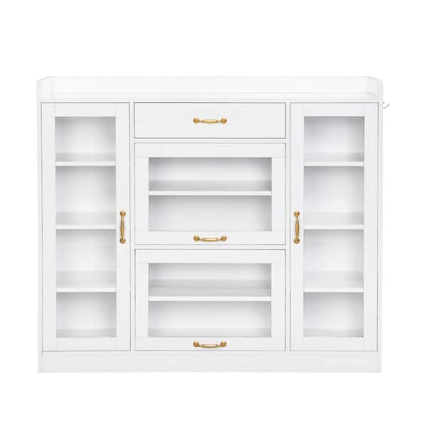 Unbranded 47.20 in. W x 14.10 in. D x 40.50 in. H White Linen Cabinet Freestanding Shoe Rack with 4-Glass Doors and 3-Hooks