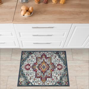 Ottohome Collection Non-Slip Rubberback Medallion 2x3 Indoor Area Rug/Entryway Mat, 2 ft. 3 in. x 3 ft.,Blue/Off White