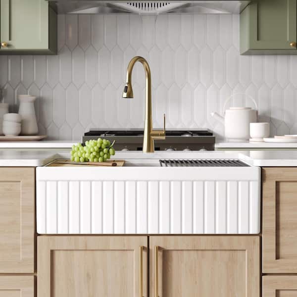 Fireclay 33 in. Single Bowl Farmhouse Apron Workstation Kitchen Sink in White with Accessories