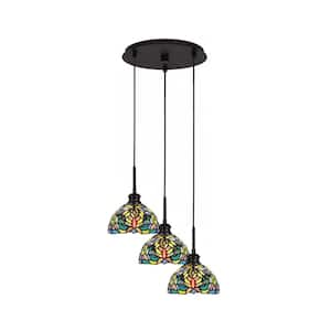 Albany 60-Watt 14.25 in. 3-Light Espresso Cord Pendant Light Kaleidoscope Art Glass Shade