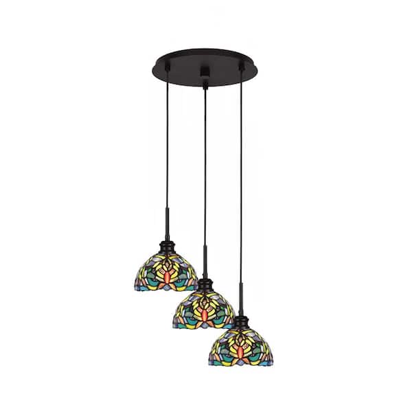 Unbranded Albany 60-Watt 14.25 in. 3-Light Espresso Cord Pendant Light Kaleidoscope Art Glass Shade