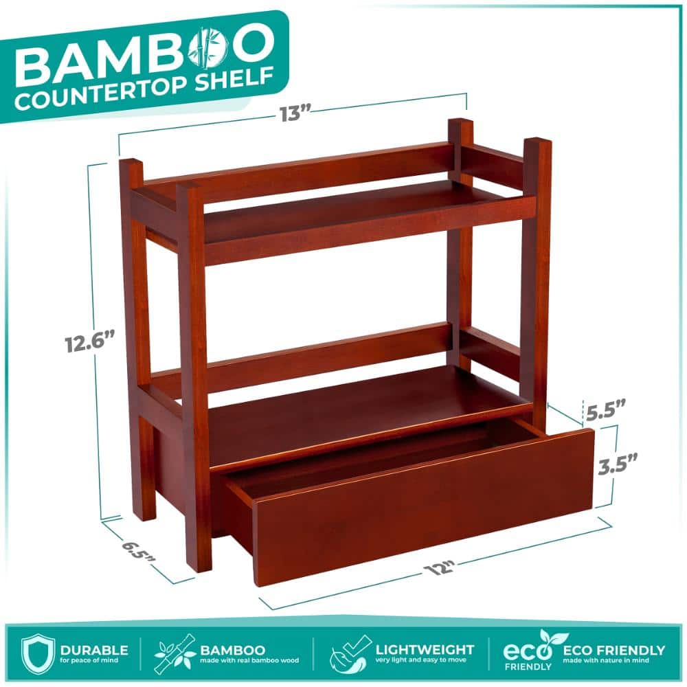 Dimension diagram of the brown 2-tier bamboo shelving unit.