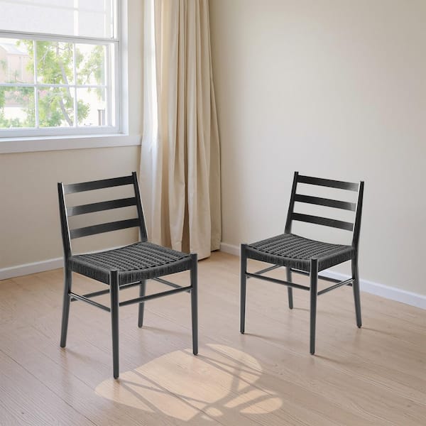 Black Wood Rattan Dining Room Chair Set of 2