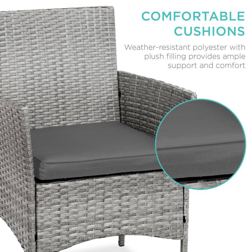 Gray Wicker 3-Piece Outdoor Bistro Set with Cushions and Glass Tabletop