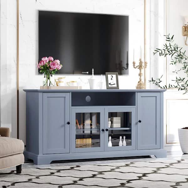 Seafuloy 59.8 in. W Gray MDF TV Cabinet with (2) 3-Tier Storage and Tempered Glass Cabinet TV up to 65 in.