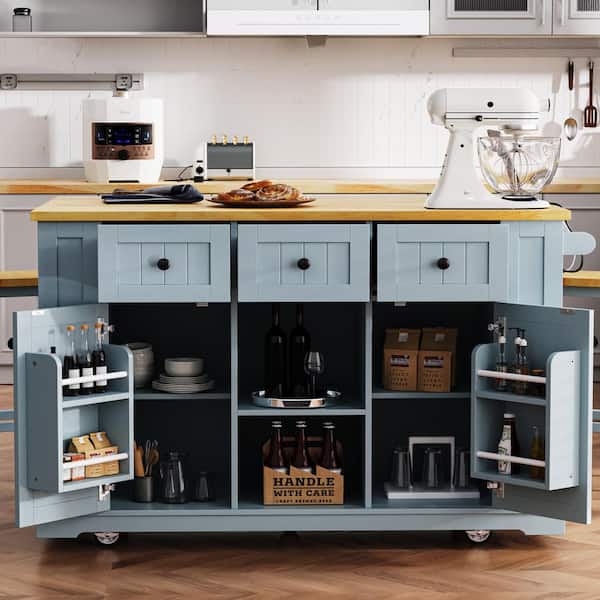 Gray Blue Wood 53.1 in. W Rolling Kitchen Island Cart with Drop Leaf, Power Outlet, 3-Drawers and Side Open Shelves