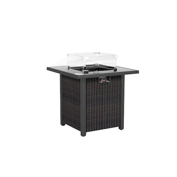 Unbranded 28 in. Propane Fire Pit Table, Rattan and Wicker 50000 BTU Gas Firepits with Glass Windscreen Protector in Brown
