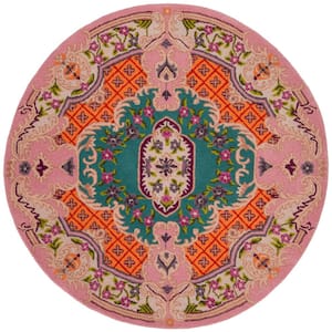 Bellagio Blue/Pink 3 ft. x 3 ft. Floral Border Round Area Rug