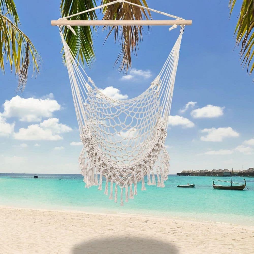 35.4 in. Hammock Chair, Cotton Rope Sling with Tassels , Beige