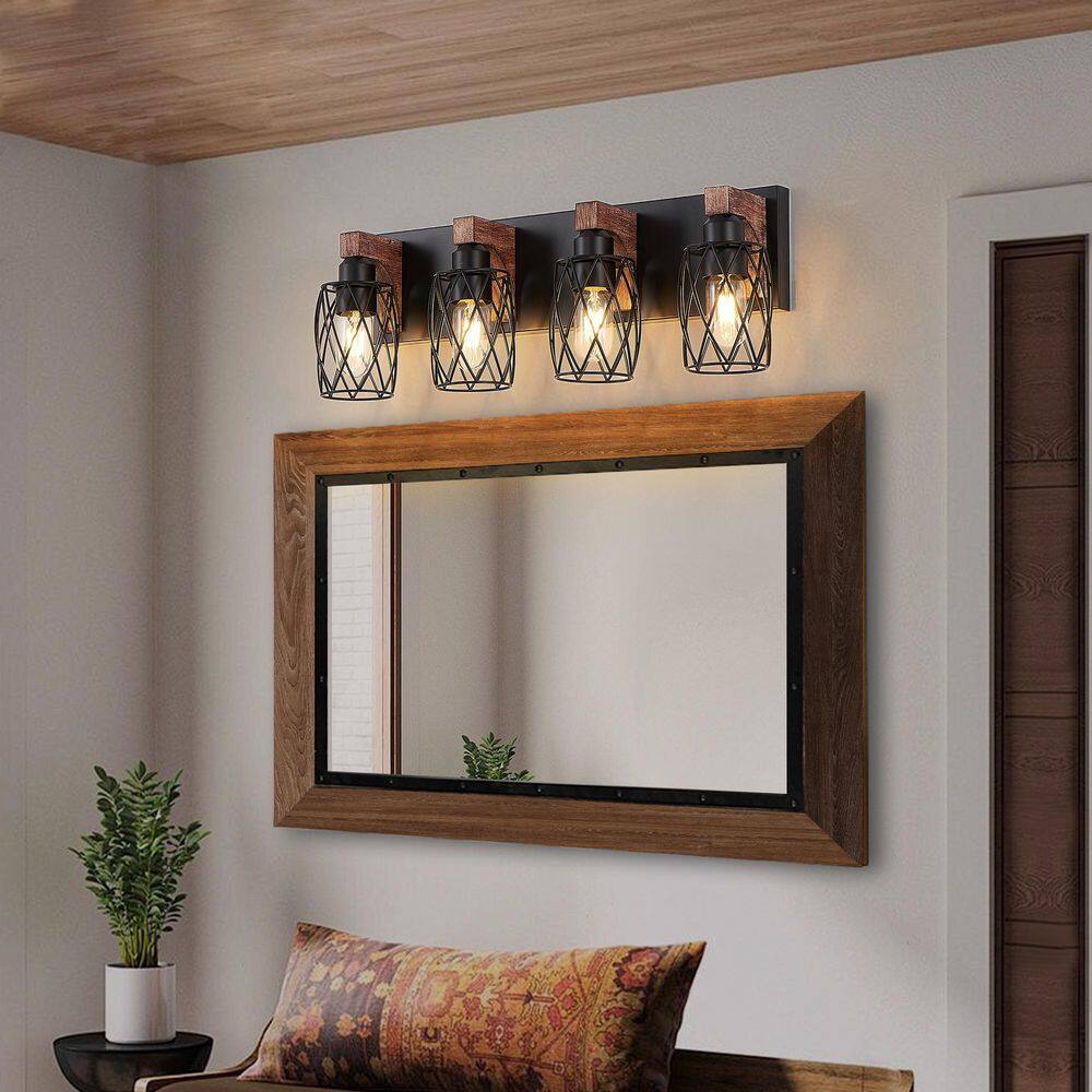 24 in. 4-Light Black Industrial Wall Sconce with Metal Cage Shades, Walnut Wood Accents and Hardwired Wall Mount Design price history on PriceWatchPro