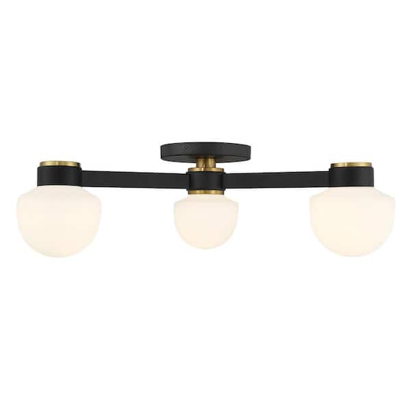 30 in. W x 8.5 in. H 3-Light Matte Black and Natural Brass Mid-Century Modern Semi-Flush Mount with White Glass