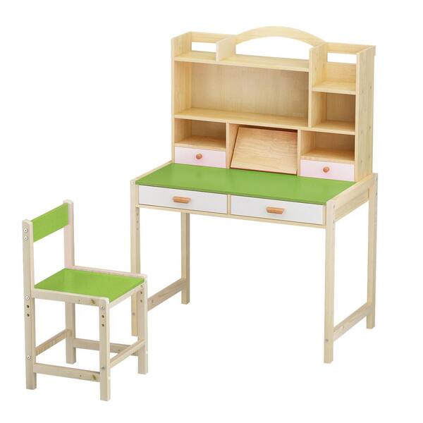 Fufu Gaga Green Wooden Kids Learning Desk And Chair Set Adjustable Height Study Table With 3 Tier Storage Bookshelf And 4 Drawers Wfkf080011 02 The Home Depot