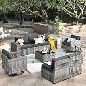 Tahoe Grey 9-Piece Wicker Wide Arm Outdoor Patio Conversation Sofa Set with Swivel Rocking Chairs and Black Cushions