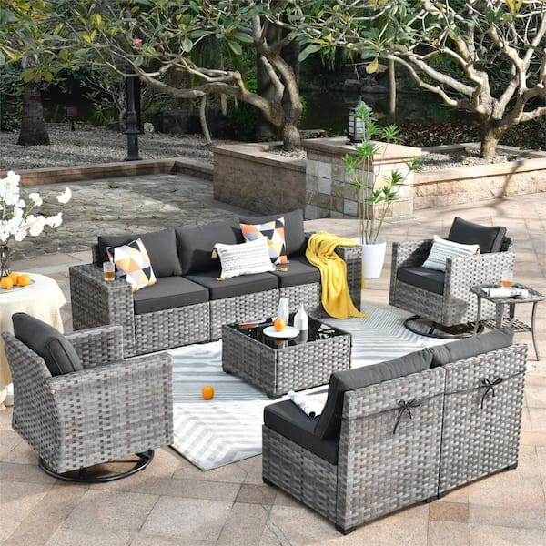 HOOOWOOO Tahoe Grey 9-Piece Wicker Wide Arm Outdoor Patio Conversation Sofa Set with Swivel Rocking Chairs and Black Cushions