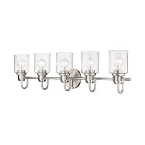 Kinsley 35 in. 5-Light Brushed Nickel Vanity-Light with Clear Seeded Glass Shades