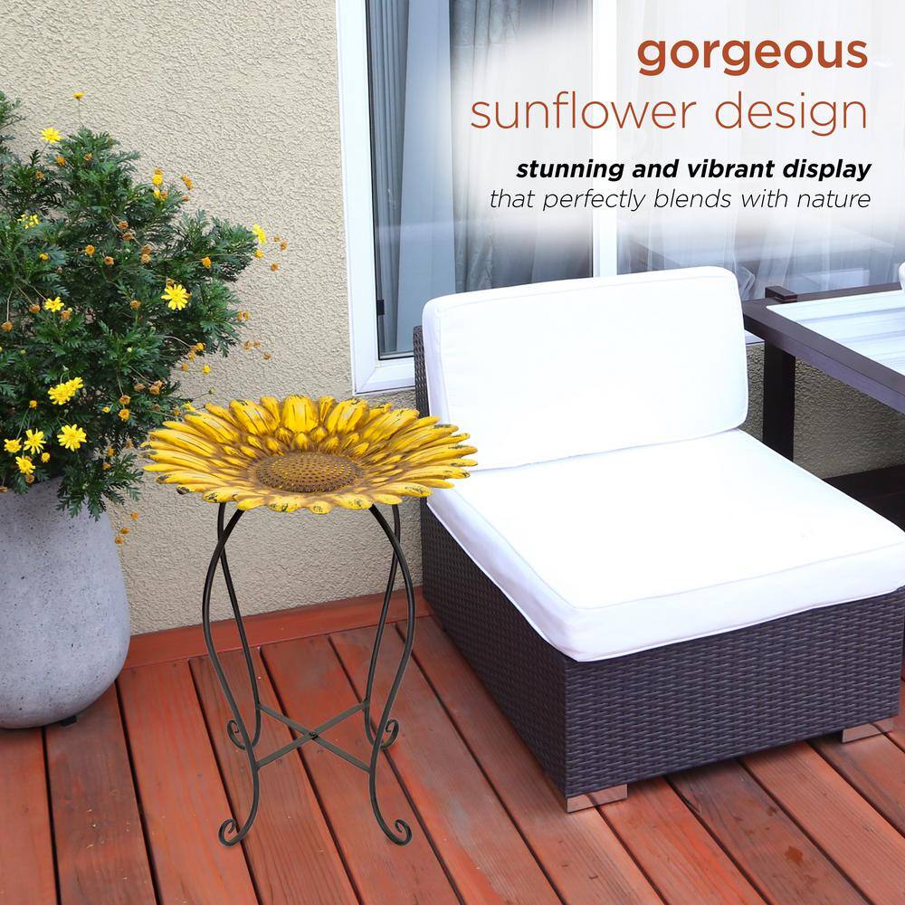 Yellow Metal Sunflower Bird Bath with Stand, 19"