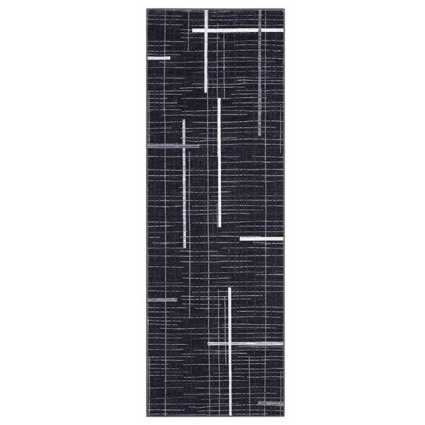 Striped Bedside Rug Foldable Geometric Print Carpet Soft Thin Carpet for Living Room Laundry Room Black，2x6ft
