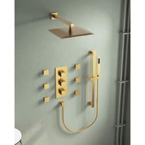 3-Spray Patterns Thermostatic 12 in. Wall Mount Rain Dual Shower Heads with 6-Jet in Brushed Gold (Valve Included)