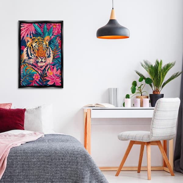 Tropical Tiger Among Leaves by LSR Design Studio Black Floater Frame Animal Graphic Art Print 31 in. x 21 in.