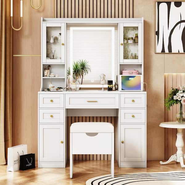 Harper & Bright Designs 2-Piece White Makeup Vanity Set with