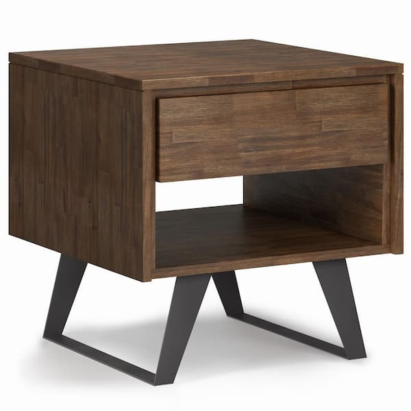 Simpli Home Lowry Solid Acacia Wood and Metal 22 in. Wide Square Modern Industrial End Side Table in Rustic Natural Aged Brown