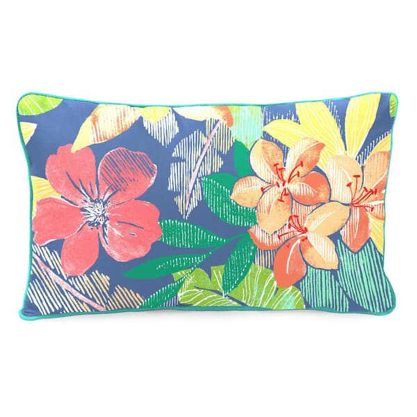 20 in. x 12 in. Outdoor Lumbar Throw Pillow in Blue Tropical Floral