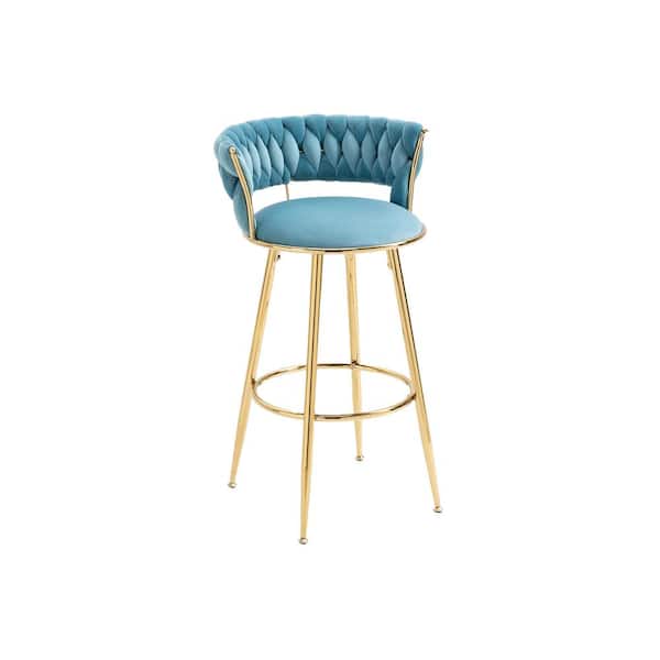 Unbranded 35.04 in. H Blue Velvet Metal High Back Bar Tools with Footrest