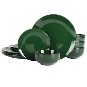 Hunter Green 12-Piece Round Stoneware Dinnerware Set