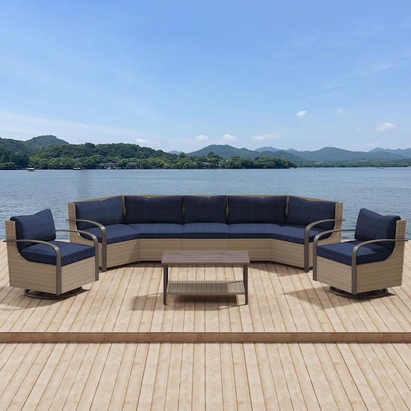 6-Piece Rattan Wicker Outdoor Sectional Set Curved Conversation Set with Blue Cushions and Rocking Chair