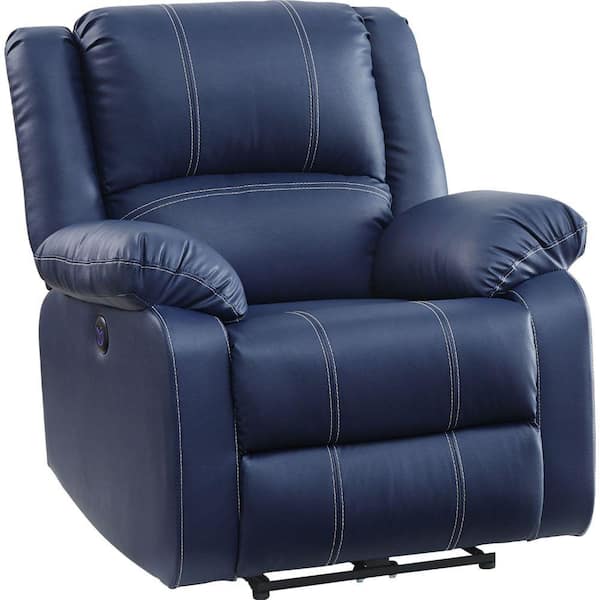 Benjara 37 in. W Flared Arm Faux Leather Square Modern Power Recliner Sofa with Pillow Top Armrests in Blue