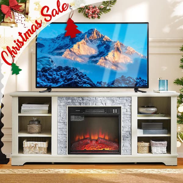 58.31 in. Freestanding TV Stand with 18 in. Electric Fireplace Insert, for TVs up to 65 in., White, Faux Stone Surround