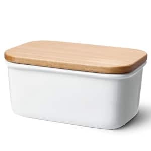 White Large Butter Dish with Beech Wooden Lid (Set of 1)