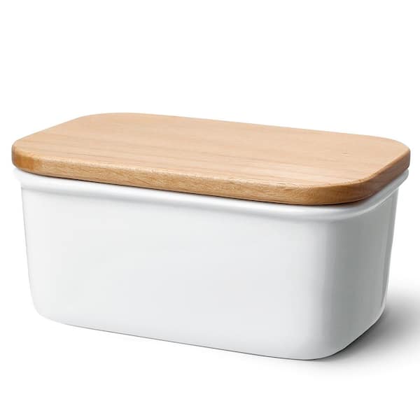 Sweese White Large Butter Dish with Beech Wooden Lid (Set of 1) BTDR-WH ...
