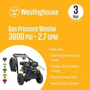 WPX 3600 PSI 2.7 GPM 212 CC Cold Water Gas Powered Triplex Pump Pressure Washer with 5 Quick Connect Nozzles