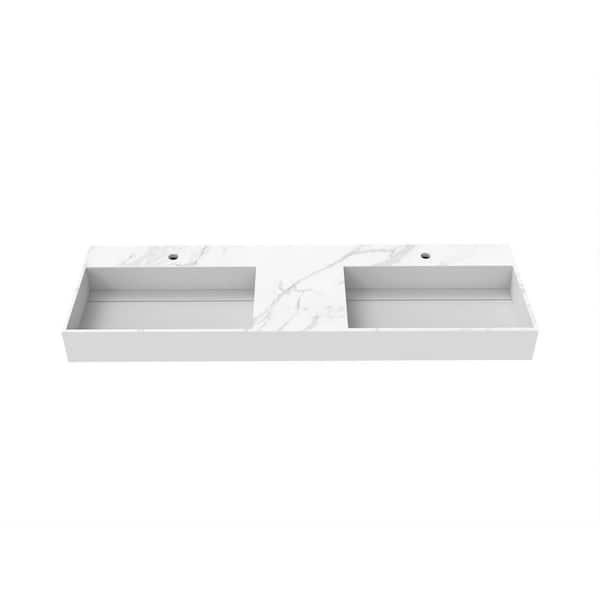 Juniper 60 in. Wall Mount Solid Surface Double-Basin Rectangle Bathroom Sink in Matte White Marble