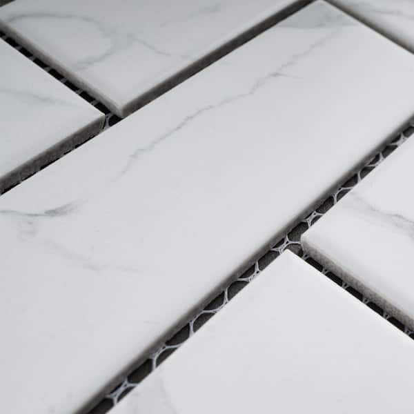 MOLOVO Porcetile White Cararra 11.7 in. x 11.46 in. Brick Joint