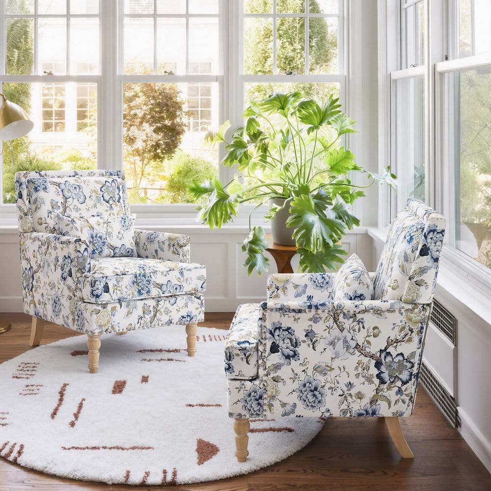 Floral Print Fabric Upholstered Accent Arm Chair with Solid Wood Legs and Nailhead Trim (Set of 2) price history on PriceWatchPro