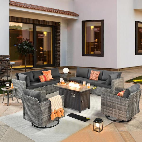 weaxty W Daffodil L Gray 11-Piece Wicker Patio Fire Pit Conversation Sofa Set with Swivel Rocking Chairs and Black Cushions