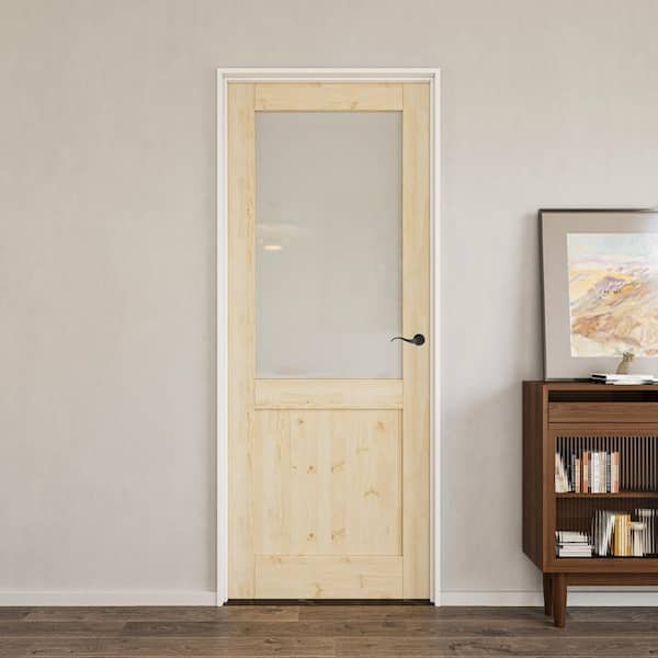 36 in. x 80 in. 1/2-Lite Frosted Glass Left Handed Unfinished Pine Single Prehung Interior Door with Quick Assemble Jamb