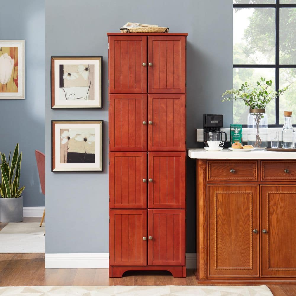 72.4 in. Cherry Finish Freestanding Storage Cabinet with 8 Doors and 4 Shelves for Living Room Kitchen Office