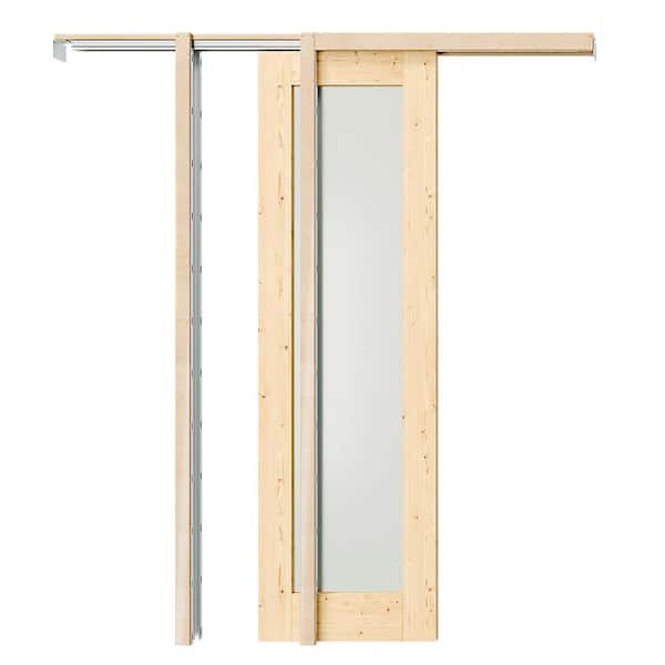 60 in. x 80 in. Full Lite, Pre-Assembled Panel, Tempered Frosted MDF, Light Brown Primed Pocket Door Frame with Hardware